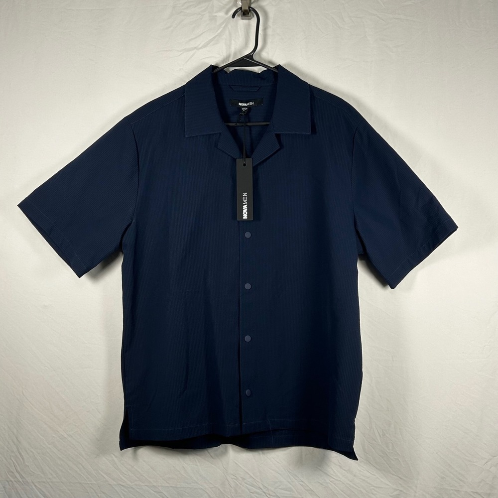 NovaMen Seersucker Cuban Collar Shirt Mens L Navy NEW Short Sleeve Snap Front